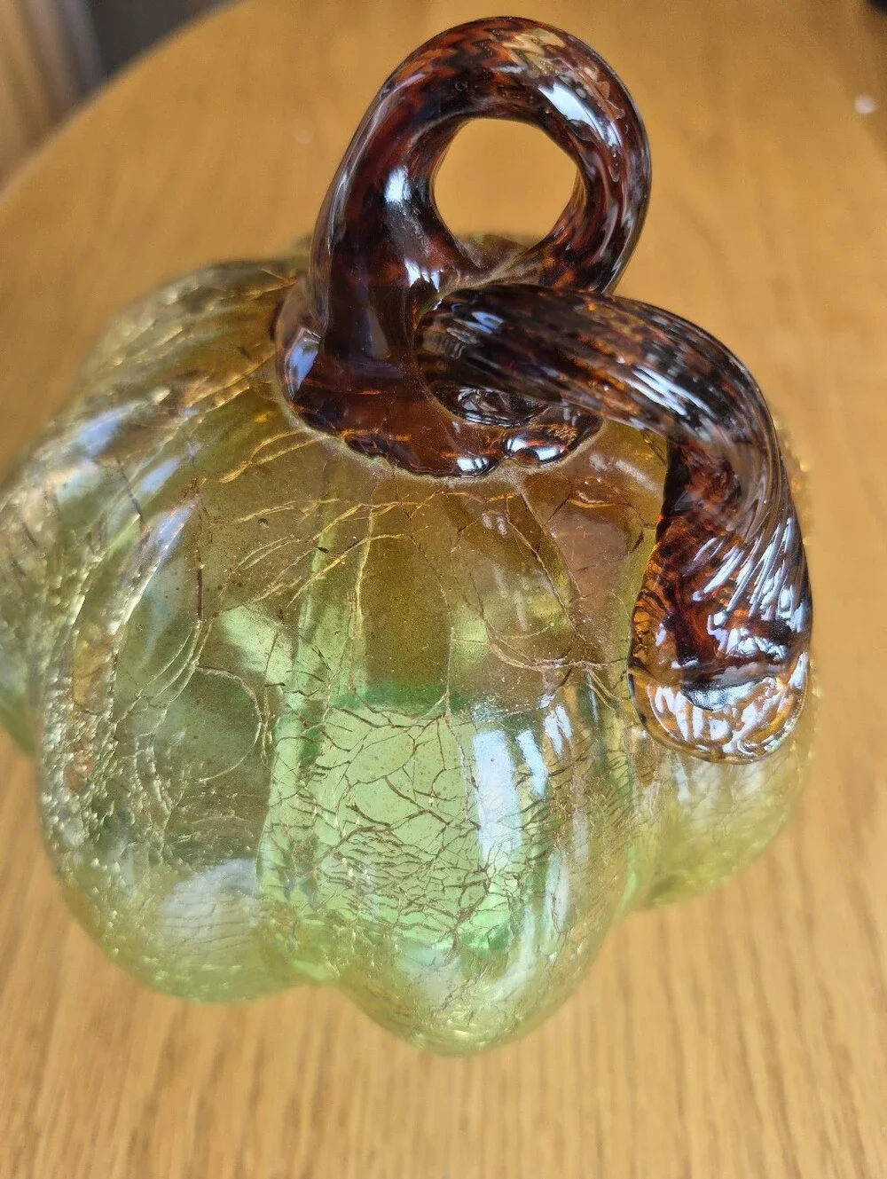 Hand Blown Green Crackle Glass Pumpkin Amber Stem Fall Decor